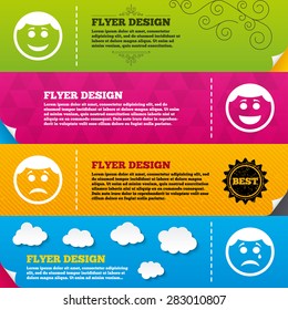 Flyer brochure designs. Circle smile face icons. Happy, sad, cry signs. Happy smiley chat symbol. Sadness depression and crying signs. Frame design templates. Vector