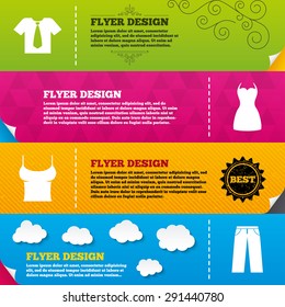 Flyer brochure designs. Clothes icons. T-shirt with business tie and pants signs. Women dress symbol. Frame design templates. Vector