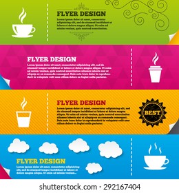 Flyer brochure designs. Coffee cup icon. Hot drinks glasses symbols. Take away or take-out tea beverage signs. Frame design templates. Vector
