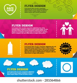 Flyer brochure designs. Condom safe sex icons. Lovers Gay couple signs. Male love male. Heart symbol. Frame design templates. Vector