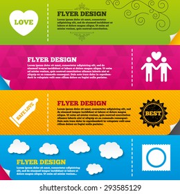 Flyer brochure designs. Condom safe sex icons. Lovers Gay couple signs. Male love male. Heart symbol. Frame design templates. Vector