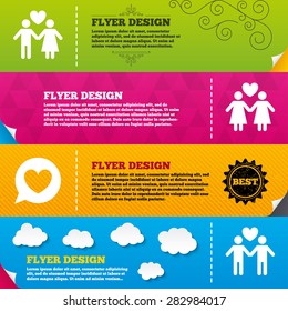 Flyer brochure designs. Couple love icon. Lesbian and Gay lovers signs. Romantic homosexual relationships. Speech bubble with heart symbol. Frame design templates. Vector