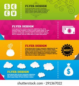 Flyer brochure designs. Currency exchange icon. Cash money bag and wallet with coins signs. Dollar, euro, pound, yen symbols. Frame design templates. Vector