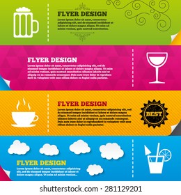 Flyer brochure designs. Drinks icons. Coffee cup and glass of beer symbols. Wine glass and cocktail signs. Frame design templates. Vector