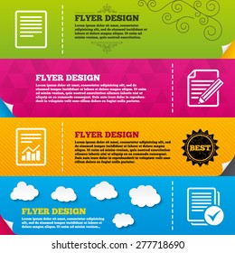 Flyer brochure designs. File document icons. Document with chart or graph symbol. Edit content with pencil sign. Select file with checkbox. Frame design templates. Vector