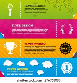 Flyer brochure designs. First place award cup icons. Laurel wreath sign. Torch fire flame symbol. Prize for winner. Frame design templates. Vector