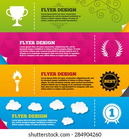 Flyer brochure designs. First place award cup icons. Laurel wreath sign. Torch fire flame symbol. Prize for winner. Frame design templates. Vector
