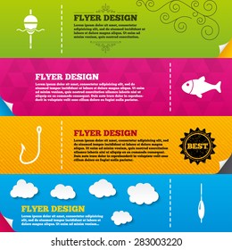 Flyer brochure designs. Fishing icons. Fish with fishermen hook sign. Float bobber symbol. Frame design templates. Vector