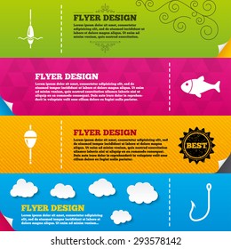 Flyer brochure designs. Fishing icons. Fish with fishermen hook sign. Float bobber symbol. Frame design templates. Vector