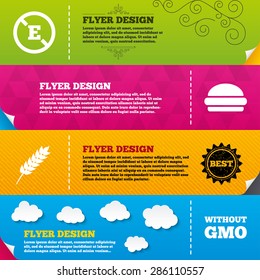 Flyer brochure designs. Food additive icon. Hamburger fast food sign. Gluten free and No GMO symbols. Without E acid stabilizers. Frame design templates. Vector
