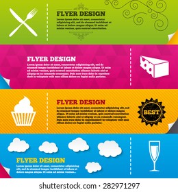 Flyer brochure designs. Food icons. Muffin cupcake symbol. Fork and knife sign. Glass of champagne or wine. Slice of cheese. Frame design templates. Vector