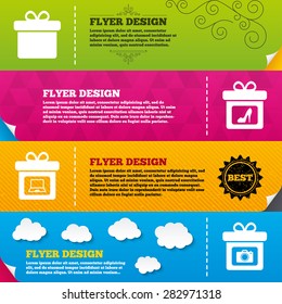 Flyer brochure designs. Gift box sign icons. Present with bow symbols. Photo camera sign. Woman shoes. Frame design templates. Vector