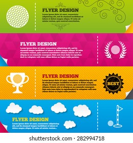 Flyer brochure designs. Golf ball icons. Laurel wreath winner award cup sign. Luxury sport symbol. Frame design templates. Vector