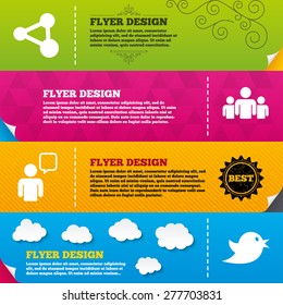 Flyer brochure designs. Group of people and share icons. Speech bubble symbols. Communication signs. Frame design templates. Vector