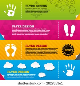 Flyer brochure designs. Hand and foot print icons. Imprint shoes and barefoot symbols. Stop do not enter sign. Frame design templates. Vector