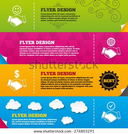 Flyer brochure designs. Handshake icons. World, Smile happy face and house building symbol. Dollar cash money. Amicable agreement. Frame design templates. Vector