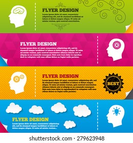 Flyer brochure designs. Head with brain and idea lamp bulb icons. Male human think symbols. Cogwheel gears signs. Frame design templates. Vector