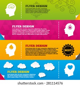Flyer brochure designs. Head with brain icon. Male human think symbols. Blood drop donation sign. Love heart. Frame design templates. Vector