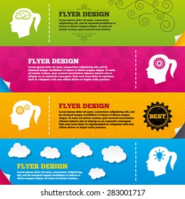 Flyer brochure designs. Head with brain and idea lamp bulb icons. Female woman think symbols. Cogwheel gears signs. Frame design templates. Vector