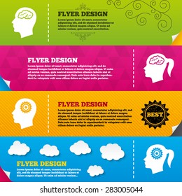 Flyer brochure designs. Head with brain icon. Male and female human think symbols. Cogwheel gears signs. Woman with pigtail. Frame design templates. Vector
