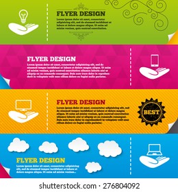 Flyer brochure designs. Helping hands icons. Intellectual property insurance symbol. Smartphone, TV monitor and pc notebook sign. Device protection. Frame design templates. Vector