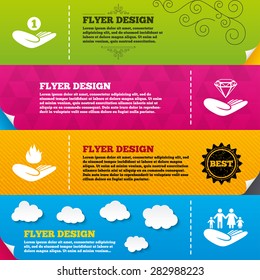 Flyer brochure designs. Helping hands icons. Financial money savings, family life insurance symbols. Diamond brilliant sign. Fire protection. Frame design templates. Vector