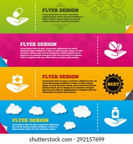 Flyer brochure designs. Helping hands icons. Medical health insurance symbols. Drugs pills bottle signs. Medicine tablets. Frame design templates. Vector