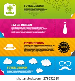 Flyer brochure designs. Hipster photo camera with mustache icon. Glasses and tie symbols. Classic hat headdress sign. Frame design templates. Vector
