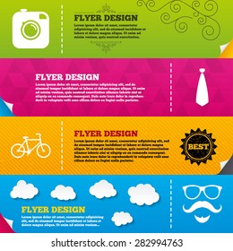 Flyer brochure designs. Hipster photo camera. Mustache with beard icon. Glasses and tie symbols. Bicycle sign. Frame design templates. Vector