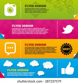 Flyer brochure designs. Hipster photo camera icon. Like and Chat speech bubble sign. Hand thumb up. Bird symbol. Frame design templates. Vector