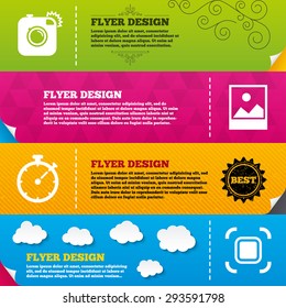 Flyer brochure designs. Hipster retro photo camera icon. Autofocus zone symbol. Stopwatch timer sign. Landscape photo frame. Frame design templates. Vector