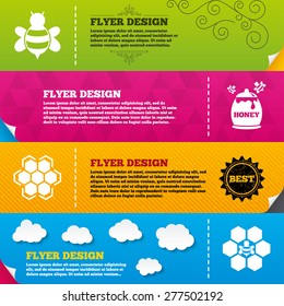 Flyer brochure designs. Honey icon. Honeycomb cells with bees symbol. Sweet natural food signs. Frame design templates. Vector