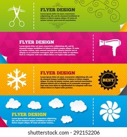 Flyer brochure designs. Hotel services icons. Air conditioning, Hairdryer and Ventilation in room signs. Climate control. Hairdresser or barbershop symbol. Frame design templates. Vector