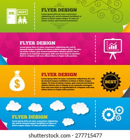 Flyer brochure designs. Human resources icons. Presentation board with charts signs. Money bag and gear symbols. Man at the door. Frame design templates. Vector