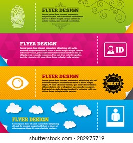 Flyer brochure designs. Identity ID card badge icons. Eye and fingerprint symbols. Authentication signs. Photo frame with human person. Frame design templates. Vector
