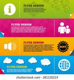 Flyer brochure designs. Information sign. Group of people and speaker volume symbols. Internet globe sign. Communication icons. Frame design templates. Vector