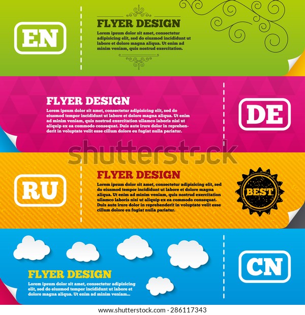 Flyer brochure designs. Language icons. EN, DE, RU and CN translation