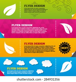 Flyer brochure designs. Leaf icon. Fresh natural product symbols. Tree leaves signs. Frame design templates. Vector