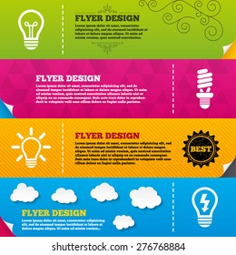 Flyer brochure designs. Light lamp icons. Fluorescent lamp bulb symbols. Energy saving. Idea and success sign. Frame design templates. Vector
