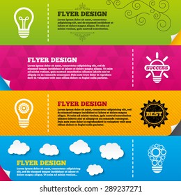 Flyer brochure designs. Light lamp icons. Circles lamp bulb symbols. Energy saving with cogwheel gear. Idea and success sign. Frame design templates. Vector