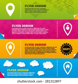 Flyer brochure designs. Map pointer icons. Home, food and user location symbols. Restaurant and cupcake signs. You are here. Frame design templates. Vector