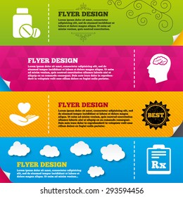 Flyer brochure designs. Medicine icons. Medical tablets bottle, head with brain, prescription Rx signs. Pharmacy or medicine symbol. Hand holds heart. Frame design templates. Vector
