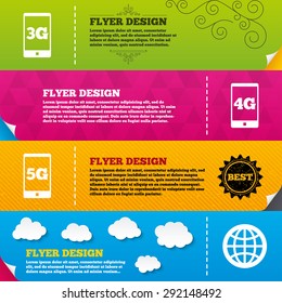 Flyer brochure designs. Mobile telecommunications icons. 3G, 4G and 5G technology symbols. World globe sign. Frame design templates. Vector