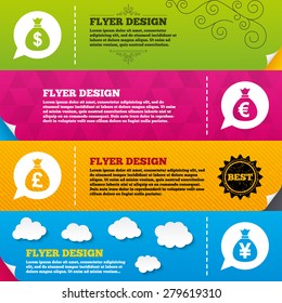 Flyer brochure designs. Money bag icons. Dollar, Euro, Pound and Yen speech bubbles symbols. USD, EUR, GBP and JPY currency signs. Frame design templates. Vector