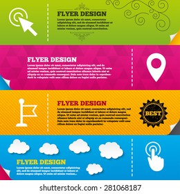 Flyer brochure designs. Mouse cursor icon. Hand or Flag pointer symbols. Map location marker sign. Frame design templates. Vector