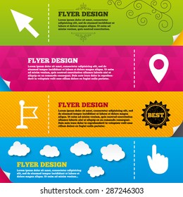 Flyer brochure designs. Mouse cursor icon. Hand or Flag pointer symbols. Map location marker sign. Frame design templates. Vector