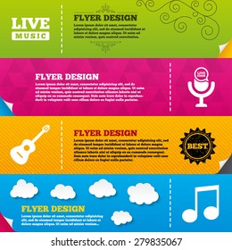 Flyer brochure designs. Musical elements icons. Microphone and Live music symbols. Music note and acoustic guitar signs. Frame design templates. Vector