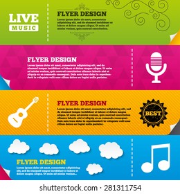 Flyer brochure designs. Musical elements icons. Microphone and Live music symbols. Music note and acoustic guitar signs. Frame design templates. Vector
