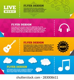 Flyer brochure designs. Musical elements icons. Musical note key and Live music symbols. Headphones and acoustic guitar signs. Frame design templates. Vector