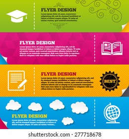 Flyer brochure designs. Pencil with document and open book icons. Graduation cap and geography globe symbols. Learn signs. Frame design templates. Vector